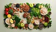 © Aw - Global food variety, colorful assortment of fruits, vegetables, nuts, seeds, and grains arranged in a world map