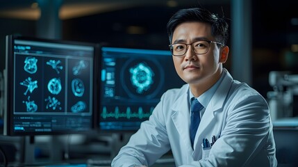 Poster - A medical professional in a laboratory setting studying advanced data models and predictions on multiple computer screens as part of their research into healthcare technologies and protein analysis