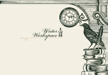 Poster - Vector banner on the theme of library, writers with a sketch and place for text. Vintage illustration with nar antique architecture, books, old raven and clock. Cover for a book, magazine. Postcard. 