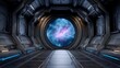 © sbgraphic - Futuristic sci fi spacecraft corridor with a circular window revealing a vibrant nebula