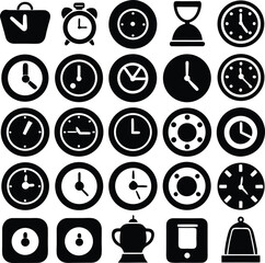 Poster - A collection of diverse black and white clock icons representing different timekeeping devices and concepts