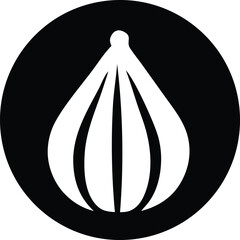 Poster - A stark black circle contains a stylized white illustration of a plump segmented fruit or vegetable with a small stem at the top