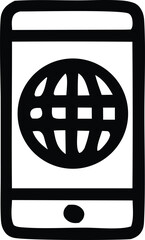 Fototapete - Simple black and white icon of a smartphone displaying a stylized globe symbol representing internet or global connectivity