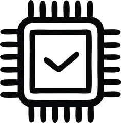 Poster - Stylized black and white icon of a microchip with a prominent checkmark symbol indicating approval or completion