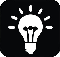 Poster - A simple stylized white light bulb icon with radiating lines against a stark black background symbolizing innovation and bright ideas