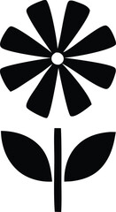 Poster - Simple black and white graphic illustration of a stylized flower with eight petals and two leaves on a stem