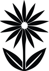 Poster - Stylized black and white geometric flower with pointed petals and two leaves representing nature and simplicity
