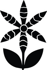 Poster - Stylized black and white floral motif with six petals and two leaves featuring a central circle and curved lines within the petals