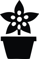 Poster - Stylized black silhouette of a blooming flower with multiple petals and a central cluster of circles inside a simple pot