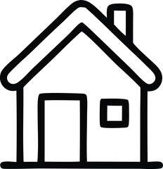 Poster - A simple black outline drawing of a house with a chimney door and window on a white background