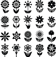 Poster - A collection of diverse black and white stylized flower silhouettes with varying petal counts and leaf designs