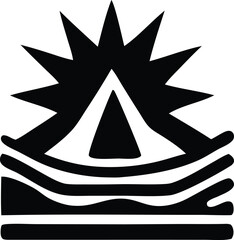 Poster - Abstract black and white graphic symbol featuring a stylized sunburst above a mountain peak and wavy lines representing water or land