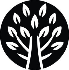 Poster - Stylized minimalist black and white circular icon featuring a white abstract tree with branching limbs and simple leaf shapes