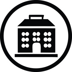 Poster - Simple black and white silhouette icon of a multi story building with a peaked roof and multiple windows inside a circular border
