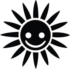 Poster - A simple black and white graphic illustration of a smiling sun with pointed rays radiating outwards against a white background