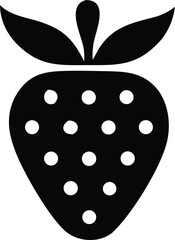 Poster - Simple black and white stylized strawberry icon with white seeds and green leaves perfect for food and summer themes