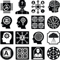 Aufkleber - Collection of stylized icons representing artificial intelligence machine learning and human cognition in a modern digital context