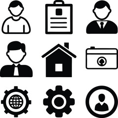 Poster - Collection of nine black and white flat icons representing diverse concepts like people documents housing and technology for digital interfaces