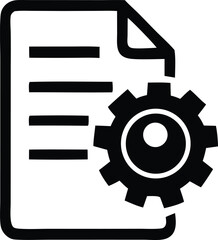 Poster - Simple black and white icon representing a document with lines of text next to a gear cog symbolizing settings or operations
