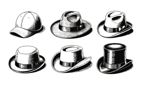 A detailed hand-drawn vector illustration of various types of hat designs, baseball cap, sun hat, fedora, bowler hat, cowboy hat, and top hat, easily editable.