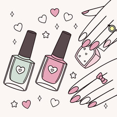 Poster - Girly vector illustration of nail polish bottles in various colors with manicured hands and accessories, cute pink-themed aesthetic. seamless pattern with cosmetics