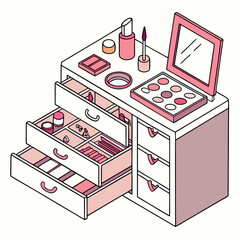 Poster - hand drawn vector illustration of an makeup instruments. Stylized vector of a girl’s open makeup drawer showing neatly arranged products: lipsticks, palettes, foundations, tools in isometric view