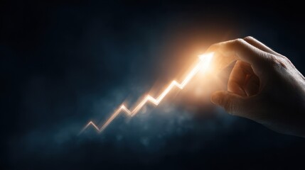 Poster - A hand grasping a radiant ascendant graph with a strong upward arrow conveying themes of wealth accumulation and positive economic outlook amidst a dark atmosphere
