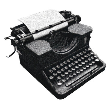Vintage Typewriter In Retro Engraving. Writing Instrument Illustration Isolated On Transparent Background