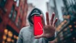 © Justlight - An urban dweller gesturing towards a smartphone featuring a bold red scam warning illustrating the critical need for cybersecurity education in an increasingly connected society.