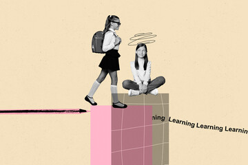 Poster - Image trendy art banner collage of two happy schoolgirls sit together pencil education supplies back to school classmates