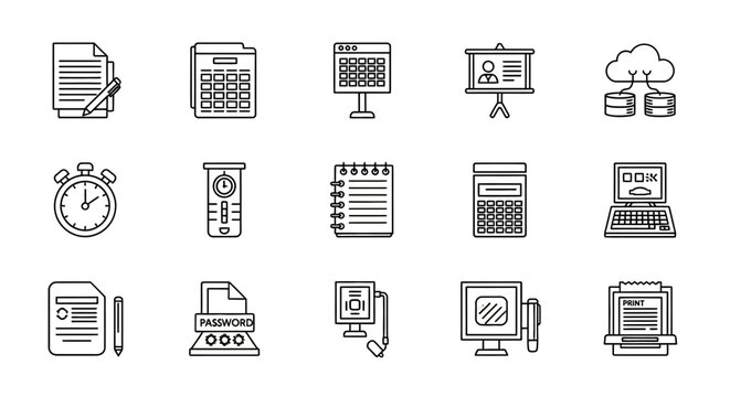 Business Icon Set: A collection of meticulously crafted line art icons representing various aspects of business and office functionalities.