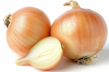 Poster - Onions isolated on white background showing whole and cut in half bulbs