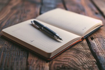 Poster - Open notebook with elegant pen resting on lined pages, placed on a rustic wooden table, creating a contemplative workspace