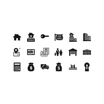 Business and finance vector icon set with computer, money, home, office, and building symbols for web and internet use
