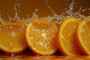 Poster - Orange slices creating a splash with water against an orange background