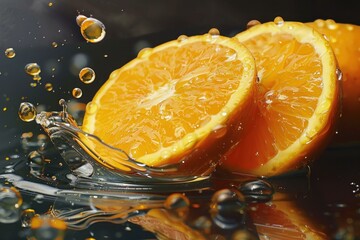 Poster - Two juicy orange slices creating a splash as they fall into the water, perfect for illustrating freshness and vitamin c