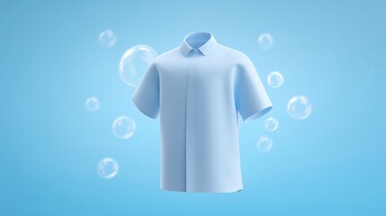 Aufkleber - Light blue short-sleeve shirt floating in a soft blue background with bubbles creating a fresh and clean atmosphere for clothing presentation