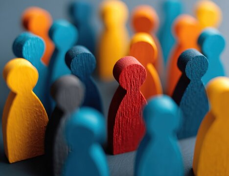 Wooden figurines in various colors stand closely together, highlighting unity, diversity, and individuality within a group.