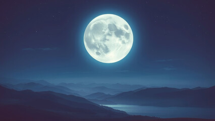 Wall Mural - Bright full moon illuminates a tranquil mountain landscape under a starry sky at night
