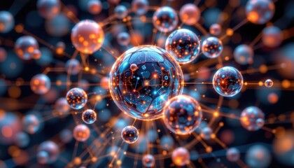 Poster - Intricate 3D rendering of connected spheres in a complex network, glowing with light