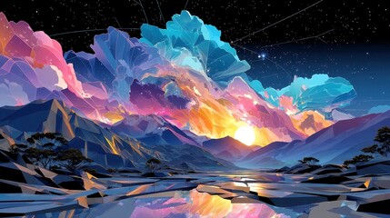 Poster - Aurora Neon Terrain, vibrant landscape featuring smooth gradient waves of pink, teal, deep violet, set against a dynamic synthwave sky, embodying an energetic, futuristic aesthetic.