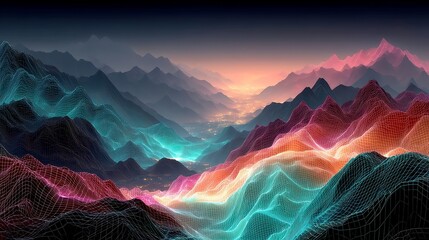 Poster - Chromatic Mesh Valley, a vibrant futuristic landscape of hot pink and cyan gridlines, features a smooth gradient night sky and striking angular formations, inviting exploration.