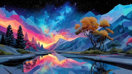 Poster - Chromatic Mesh Valley, a vibrant futuristic expanse defined by hot pink and cyan gridlines, featuring a sleek gradient night sky and striking angular formations.