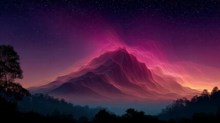 Poster - Cyber Neon Mountain Loop, endless wireframe peaks intertwining beneath a vibrant magenta sky, illuminated by glowing vector stars and sharp, clean outlines