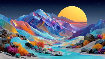Poster - Electro Mirage Dunes, vibrant wireframe sand dunes illuminated in purple and aqua, adorned with pop art sunbursts on the horizon, creating a surreal desert landscape.