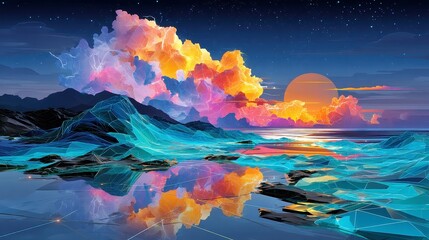 Poster - Glowing Grid Ocean, an abstract scene of wireframe teal waves softly illuminated beneath a vibrant pink lightning sky, evoking a serene yet dynamic atmosphere.