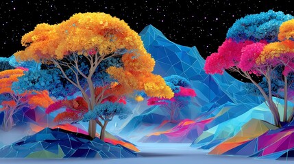 Poster - Neon Dreamscape, a vibrant retrofuturistic landscape featuring stylized terrain illuminated in electric blue and fuchsia, adorned with geometric trees and radiant neon accents.