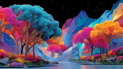 Poster - Retrofuture Terrain, vibrant landscape featuring electric blue and fuchsia stylized terrain, geometric trees, illuminated with neon flare accents for a surreal atmosphere.