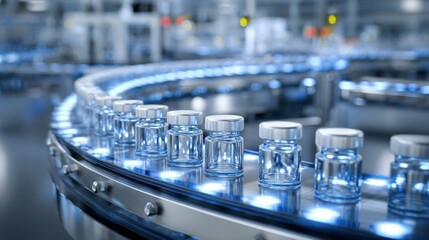 Poster - Aerial perspective of a stateoftheart pharmaceutical factory with a conveyor belt facilitating the rapid movement of transparent bottles filled with essential medicines and vaccines