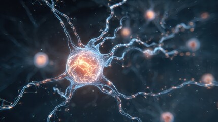Poster - Artistic representation of a neuron pulsing with energy surrounded by luminous pathways and nodes illustrating the complex workings of the brains neural circuitry in a modern medical